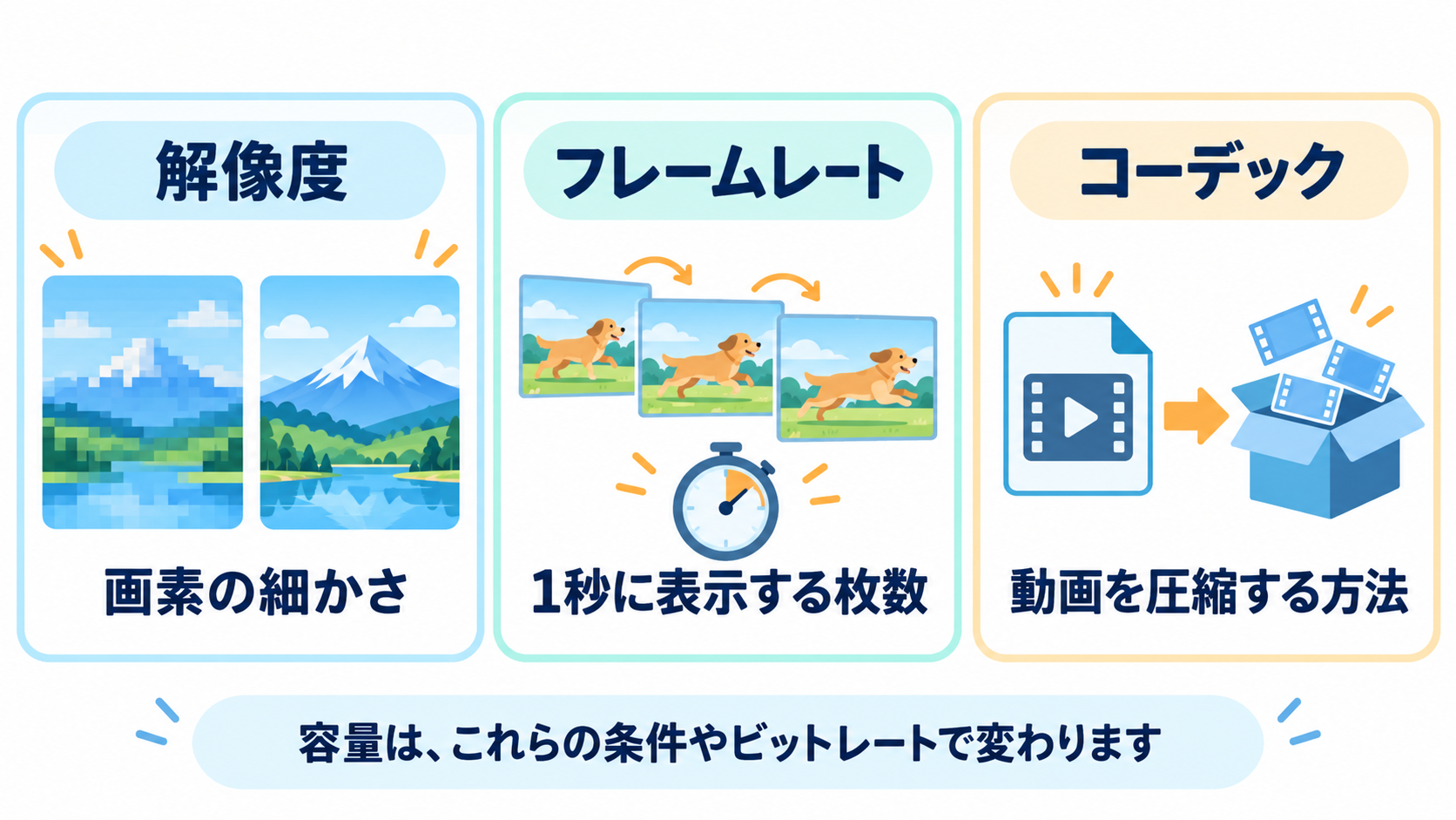 解像度・フレームレート・コーデックの説明イラスト